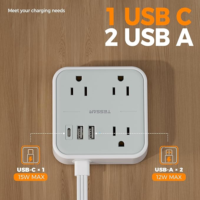 Cruise Essentials, TESSAN Flat Plug Travel Power Strip, Non Surge Protector for Cruise Ship, 3 Outlets 3 USB (1 USB C), 5 FT Extension Cord Small Power Strip with Ring Pull, Portable for Travel-NeatNest