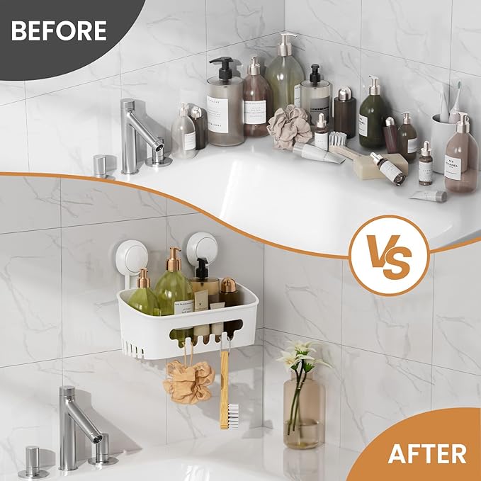 LEVERLOC Shower Caddy Suction Cup, Shower Organizer Removable Bathroom Shelf, Storage Suction Powerful Max Hold 22lbs Bathroom Caddy Waterproof Holder, White-NeatNest