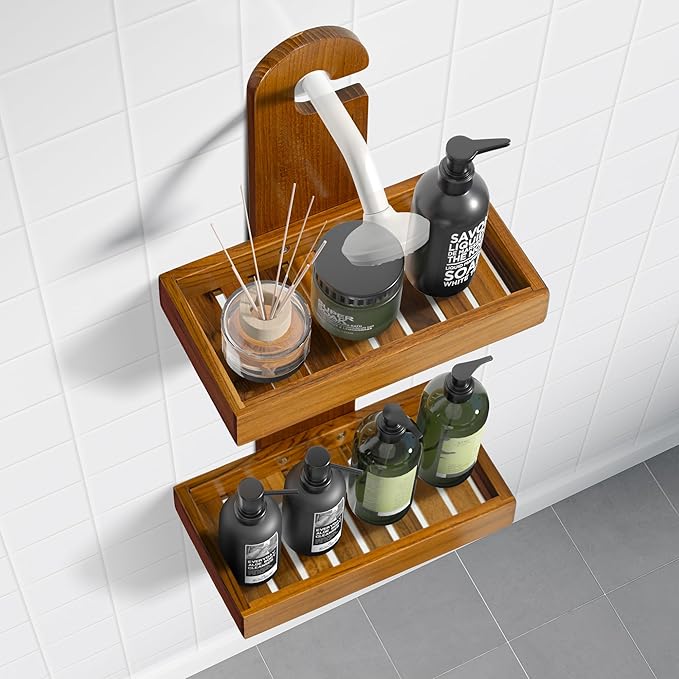 Utoplike Teak Shower Caddy Hanging, Shower Organizer Over Shower Head, Wooden Bathroom Shelf Holder with Hooks for Shampoo, Soap, Towels, No Drilling