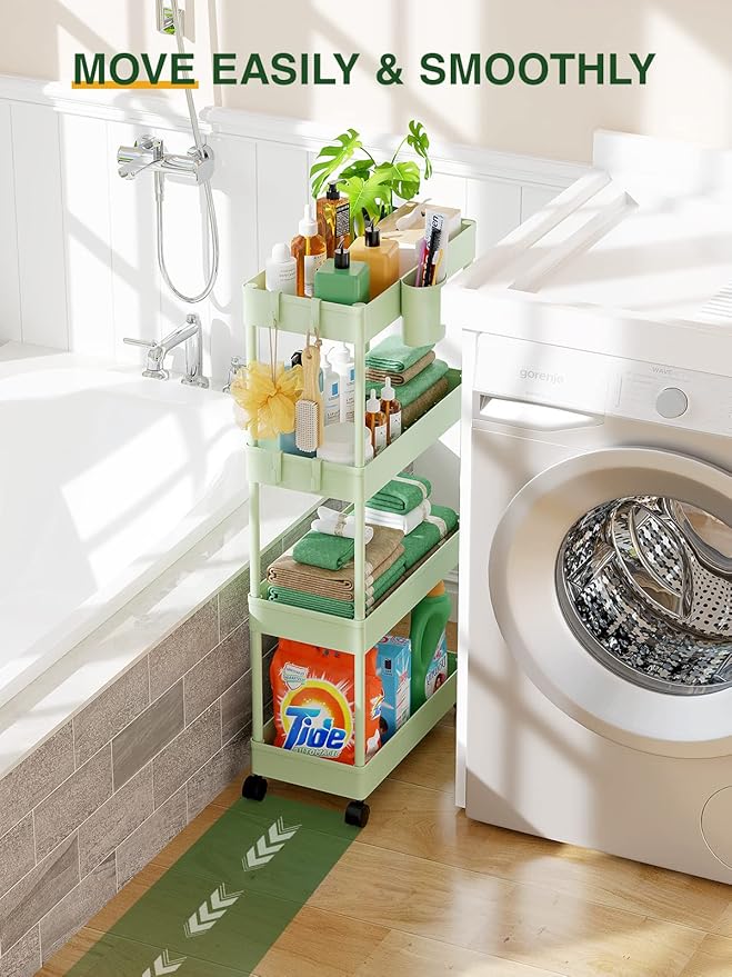 LEHOM Slim Rolling Storage Cart - 4 Tiers Bathroom Organizer Utility Cart Slide Out Storage Shelves Mobile Shelving Unit for Kitchen, Bedroom, Office, Laundry Room, Small Narrow Spaces, Green