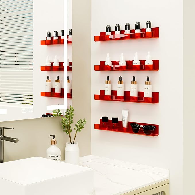 4 Pack Acrylic Shelves for Wall Storage,15" Floating Bookshelves for Kids, Display Shelf for Bathroom, Bedroom,Decor, Red