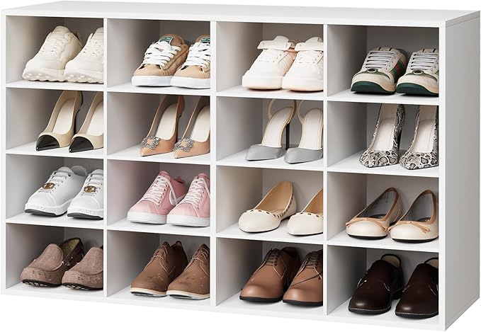 Garden 4 you Shoe Storage Bench, Cubby Shoe Rack with 16 Cubbies, 4-Tier Wood Shoe Rack Organizer, Shoe Organizer Cabinet for Entryway, Hallway, Closet and Garage, White-NeatNest