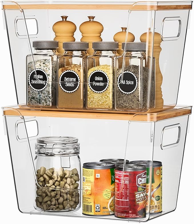 2 set Pantry Organizers and Storage,Stackable Onion Storage Potato Storage,Kitchen Laundry Organizers with Bamboo Top for Vegetable,Fruits, Snacks,Produce Clear