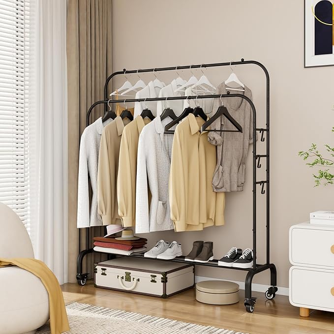 Garment Rack with Wheels Clothing Rack for Hanging Clothes Multi-functional Bedroom Clothes Rack，Black+Double RodsBlack-NeatNest
