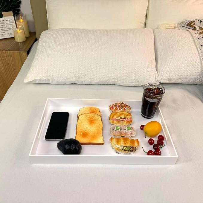 Glossy White Sturdy Acrylic Serving Tray with Handles-12x20 Inch-Serving Coffee Appetizer Breakfast-Kitchen Countertop Makeup Drawer Organizer-Vanity Table Ottoman Decorative Tray-NeatNest