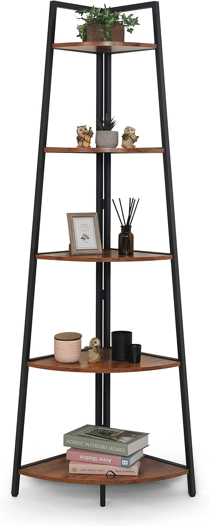 CAPHAUS Tall Corner Shelf Stand, 5-Tier Display Shelves, Ladder Corner Wood Storage Plant Bookshelf with Metal Frame, Versatile Shelving Unit Bookcase for Home Office Space, Rustic Oak-NeatNest