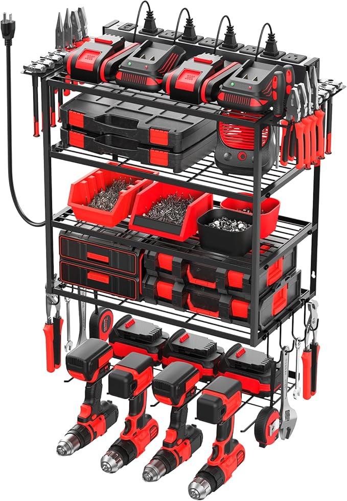 JUNNUJ Tool Organizer with Charging Station, 5 Layers Wall Mount Garage Tools Storage with 8 Outlets Power Strip, 4 Drills Holder Battery Heavy Duty Metal Shelf, Utility Rack with Hooks, Black