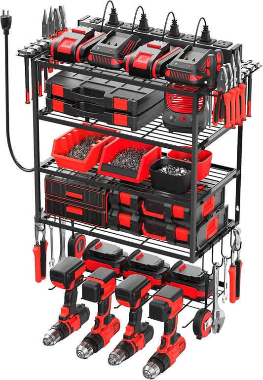 JUNNUJ Tool Organizer with Charging Station, 5 Layers Wall Mount Garage Tools Storage with 8 Outlets Power Strip, 4 Drills Holder Battery Heavy Duty Metal Shelf, Utility Rack with Hooks, Black