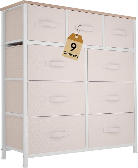 DWVO Dresser with 9 Drawers - Fabric Storage Tower, Organizer Unit for Living Room, Hallway - Sturdy Steel Frame, Wooden Top & Easy Pull Fabric Bins-NeatNest
