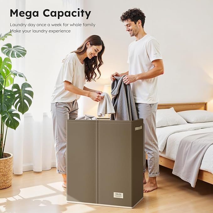 SOLEDI Large Double Laundry Hamper with Lid, Collapsible Clothes Hamper 2 section with Removable Bags, Space-Saving Laundry Basket for Bedroom, Dorm, College-NeatNest