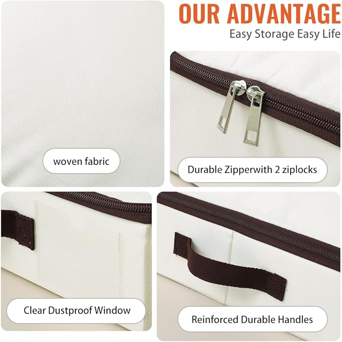 AMJ 4" Foldable Underbed Storage Closet Organizers and storage bins, Under Bed Garment Storage Bins, Folding & Washable, Soft Zip Lid, Beige-NeatNest