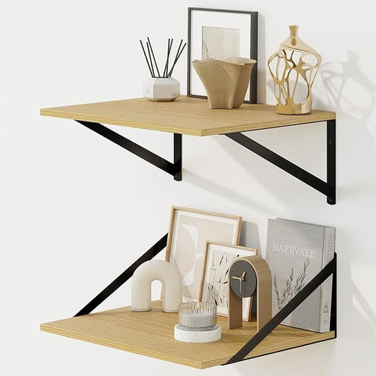 Fun Memories Floating Shelves for Wall, 12 Inch Deep Floating Shelves Set of 2, 16W x 12D Large Wall Shelf with Sturdy Metal Brackets for Living Room, Bathroom, Bedroom and Kitchen, Oak-NeatNest