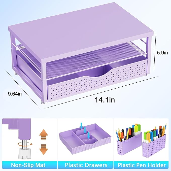 gianotter Wood Monitor Stand Riser, Desk Organizer with Drawer and 2 Pen Holders, 2-Tier Workspace Organizer for Office Supplies (Purple Wood)-NeatNest