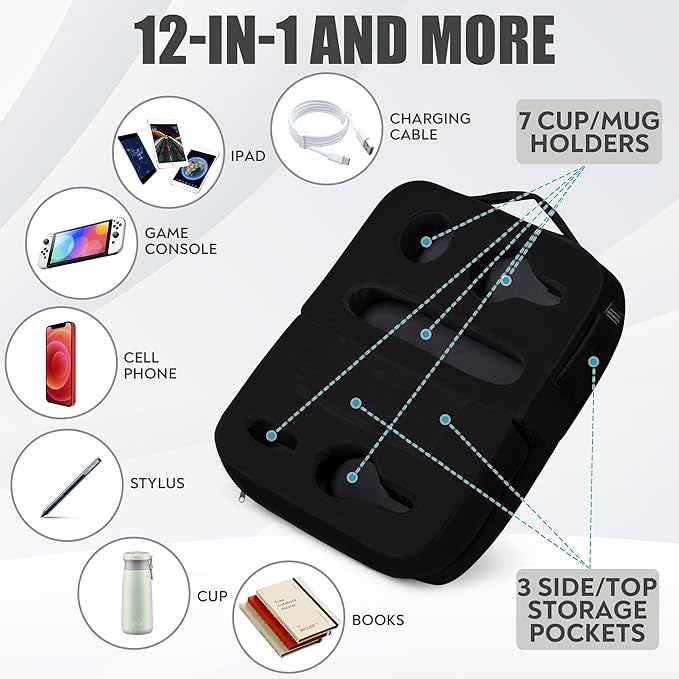 Couch Cup Holder Tray Pillow - Bed, Couch Caddy, Sofa, RV & Car - Holds Drinks, Snacks, Remotes, Phones, Kindle, Tablet | Bed Cup Holder (Black)-NeatNest