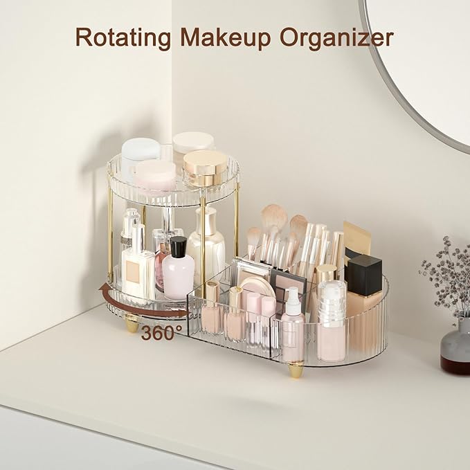 Makeup Organizer Countertop for Vanity, Rotating Perfume Tray with 5-compartment Cosmetic and Skincare Organizers, Multi-Purpose Desk Storage Makeup Brush Holder for Bathroom Bedroom Counter-NeatNest