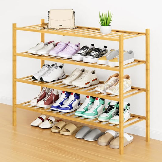 Smiry Shoe Rack, 4 Tier Long Bamboo Shoe Organizer, Stackable Free Standing Wooden Shoe Storage Shelf for Closet, Entryway, Front Door Entrance, Natural-NeatNest