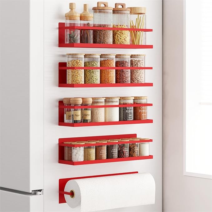 Royali Spice Rack for Refrigerator - Magnetic Fridge Shelf, Kitchen Spice Organizer, Space Saving, Red, 4 Pack With Magnetic Paper Towel Holder