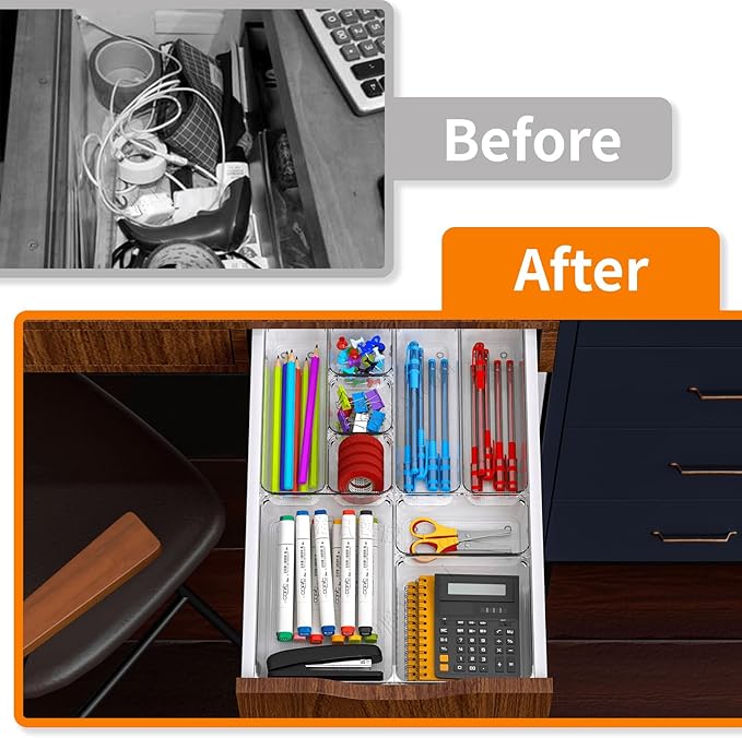 25 pc Clear Plastic Drawer Organizer Set,4 Size Small Storage Containers for Organizing Jewelry,Utensil,Junk,Tea,Makeup,Shallow Drawer Organizers Tray Suitable for Office,Desk,Bathroom,Vanity,Kitchen-NeatNest