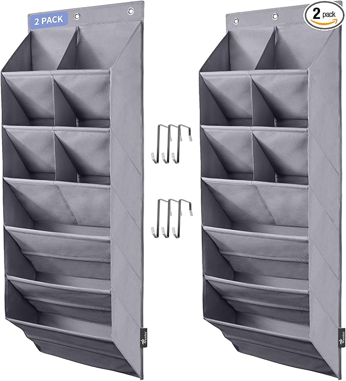 FENTEC 2 Pack Over the Door Shoe Organizer, Hanging Shoe Organizer, 6-Tier Large Deep Pockets Door Shoe Rack with 3 Hooks Shoe Organizer for Shoes, Sneakers, and Home Accessories, Grey-NeatNest