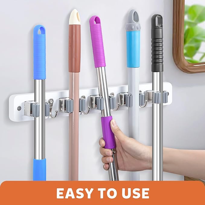 IMILLET Broom Holder Wall Mount, Wood Broom Holder with 5 Racks and 4 Hooks Broom Organizer, Laundry Room Organization and Storage, Mop Hanger for Home Organization, Garden, Garage, Closet (White)-NeatNest