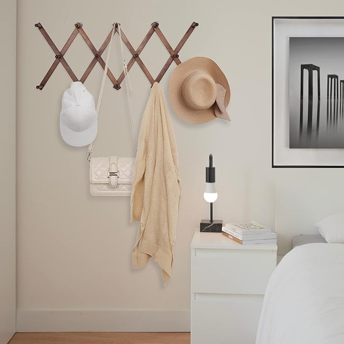16 inch High Accordion Wall Hanger with 14 Hooks, Wooden Wall Expandable Coat Rack for Coat, Hats, Baseball Caps, Coffee Mug, Jewelry-NeatNest