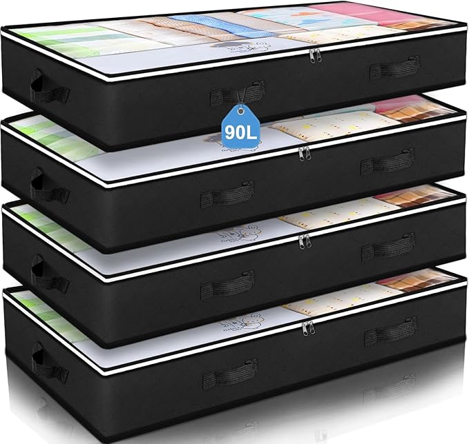 Budding Joy 90L Under Bed Storage Containers, Closet Organizers and Storage Bins, Foldable Underbed Storage Bags for Blankets, Towels, Comforter, Sweaters, Pillows, Linen Sheets, Wrapping Paper，Black-NeatNest