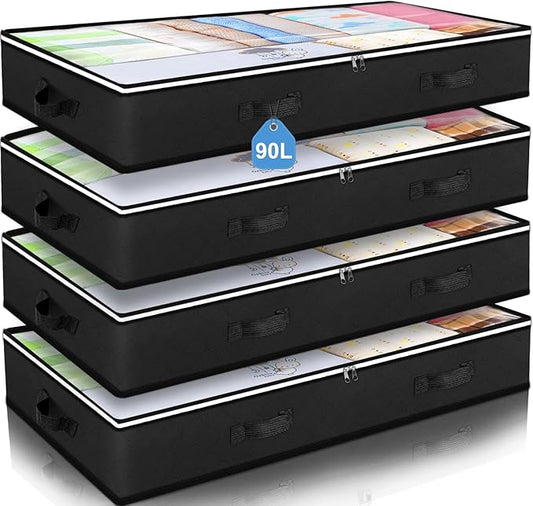 Budding Joy 90L Under Bed Storage Containers, Closet Organizers and Storage Bins, Foldable Underbed Storage Bags for Blankets, Towels, Comforter, Sweaters, Pillows, Linen Sheets, Wrapping Paper，Black-NeatNest