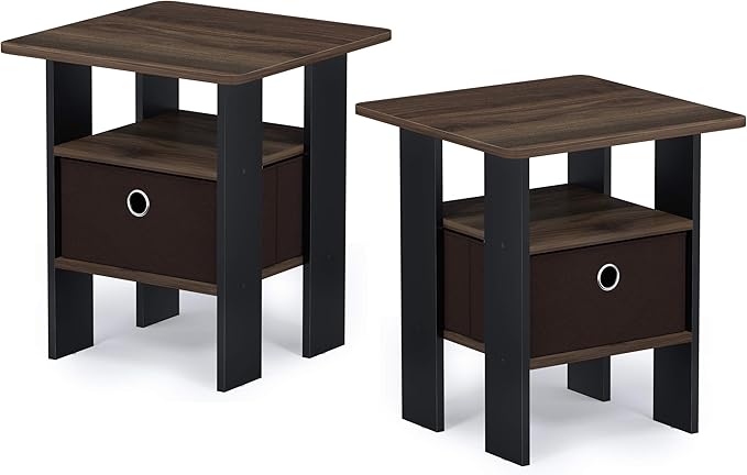 Furinno Andrey End Table Nightstand with Bin Drawer, Amber Pine/Black, Set of 2