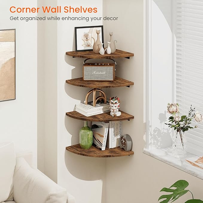 Homode Corner Wall Shelf, 12 Inch Wide Round Corner Floating Shelves with Cord Hole, Set of 4 Wooden Hanging Storage Shelving for Bathroom Living Room Small Spaces, Rustic Brown