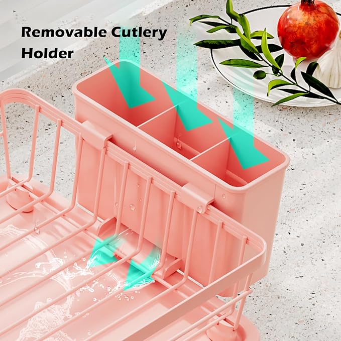 Small Dish Drying Rack, Space Saving Dish Racks for Kitchen Counter, Kitchen Organizer Dish Drainer with Cutlery Holder for Spoons and Forks, 11''W x 15''L, Pink