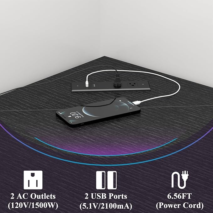 Corner Desk with Outlets & USB Ports, 90 Degree Triangle Corner Table with CPU Stand & Storage Shelves for Small Space, Computer Table with Charging Station for Home Office Bedroom (Black)-NeatNest