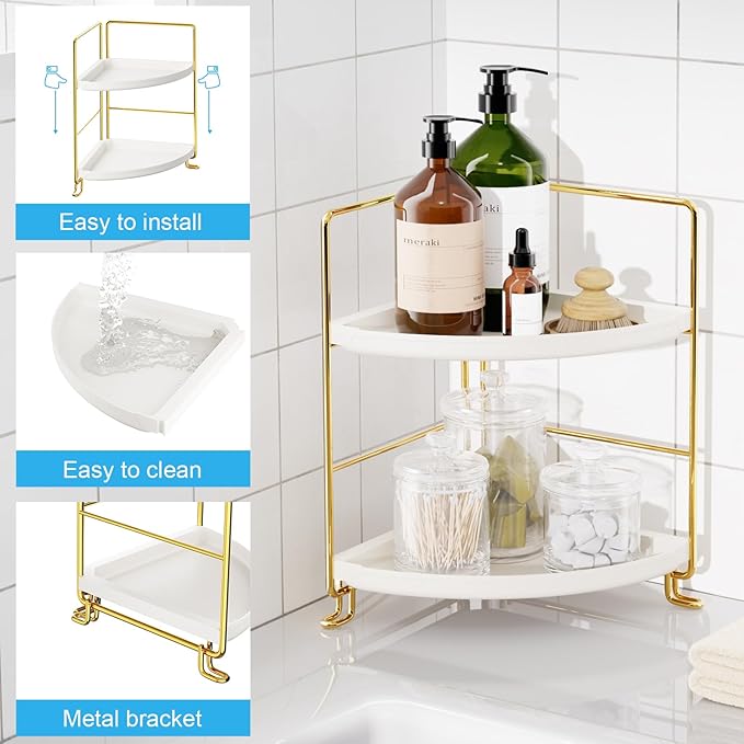 FSyueyun 2-Tier Corner Bathroom Counter Organizer, Tool-Less Installation Vanity Shelf Small Plastics Countertop Makeup Tray Skincare Perfume Organizers (Gold)-NeatNest
