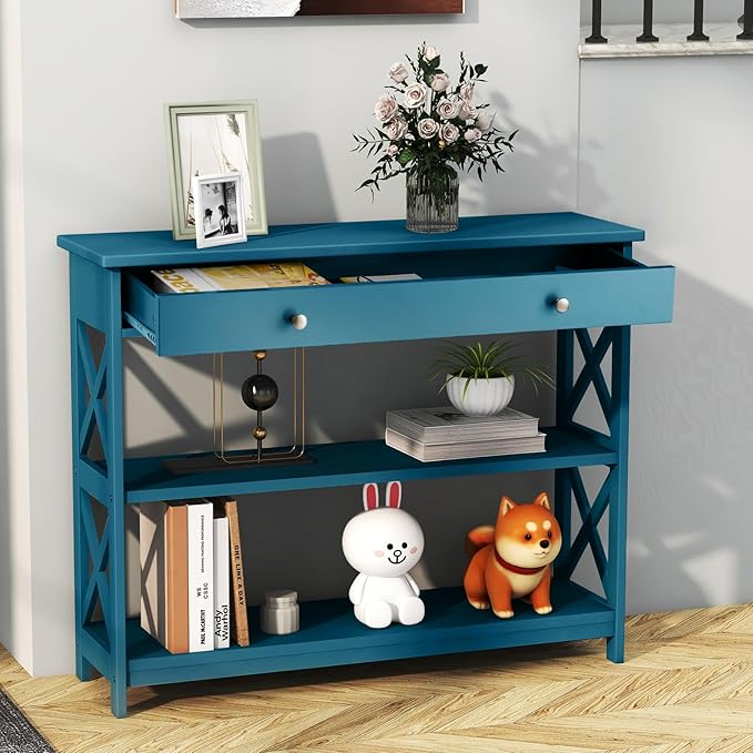 GOFLAME 39" Console Sofa Table with Drawers, 3-Tier Narrow Entry Table with Storage Shelves for Living Room Behind Couch, Entryway (Navy Blue)-NeatNest