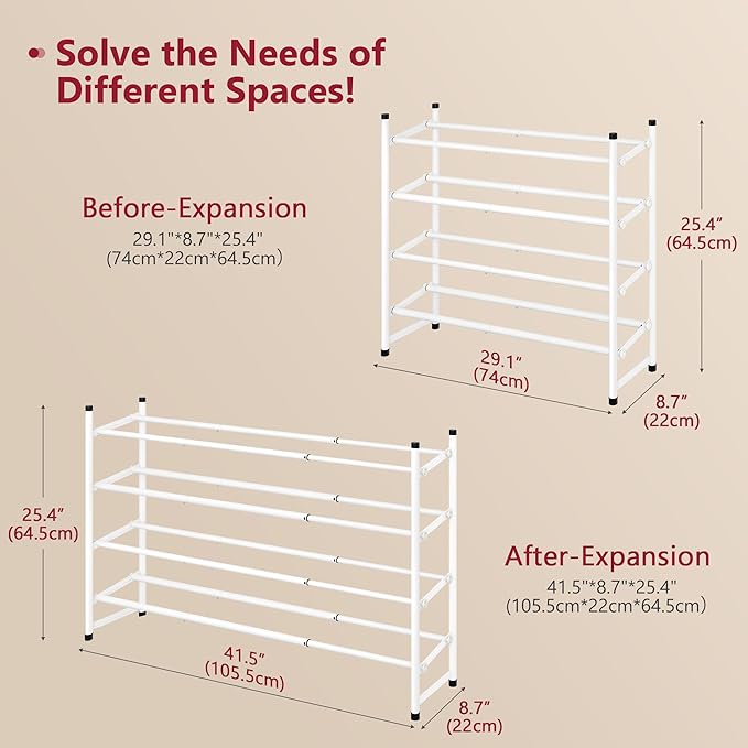 Tajsoon Expandable Shoe Rack for Closet 4 Tier, 29“-41“Adjustable & Stackable Shoe Shelf Storage, Metal Shoe Rack Organizer for Front Door Entrance, Closet, Garage, Entryway, White-NeatNest