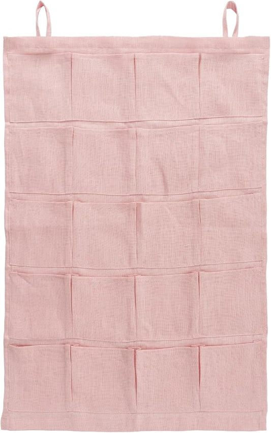 100% Linen Hanging Storage Bag with 20 Pockets, Wall Hang Over The Door Closet Organizer for Socks Underpants, Pink