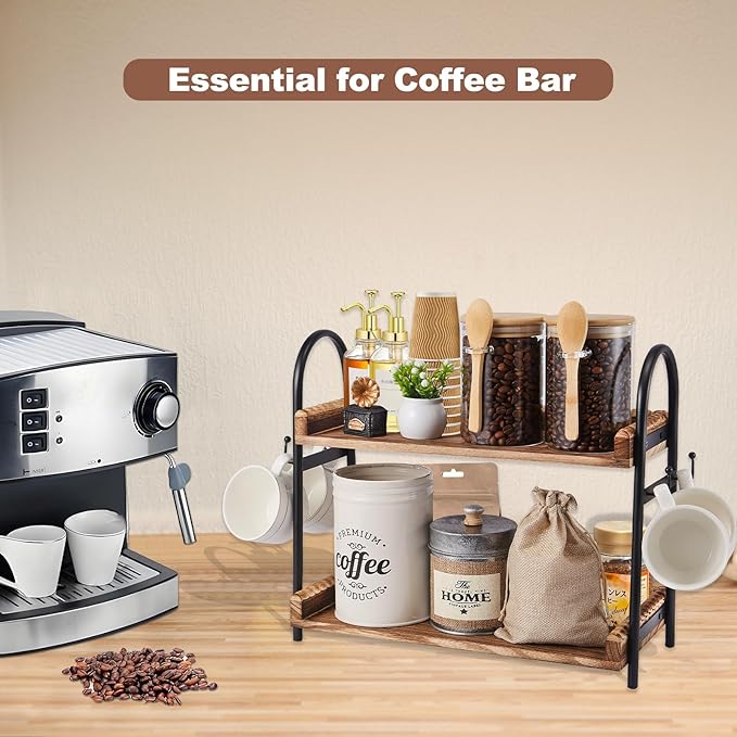 Coffee Bar Accessories, 2-Tier Coffee Bar Organizer with 4 Coffee Cup Holder Hooks, Mul-tifunctional Wooden Beaded Coffee Station Countertop Stand Shelf for Kitchen Home Office-NeatNest
