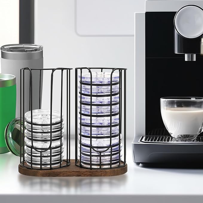 2-Compartment 18oz Coffee Cup Dispenser Rack with Wood Base, Disposable Cup, and Lid Organizer for Countertop - Perfect for Paper Cups, and Lid Organizer-NeatNest