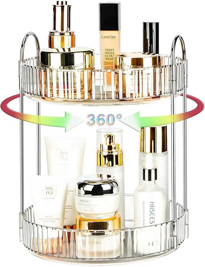 360 Rotating Makeup Organizer, 2 Tier Lazy Susan Bathroom Organizer, Easy to Install, Ideal Storage for Perfume, Skincare, Cosmetic, Dresser or Vanity Countertop (Silver Clear, 2 Tier)-NeatNest
