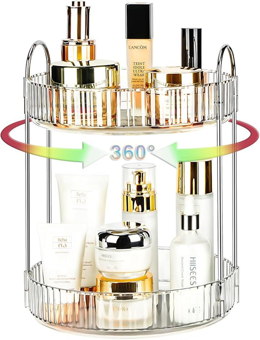 360 Rotating Makeup Organizer, 2 Tier Lazy Susan Bathroom Organizer, Easy to Install, Ideal Storage for Perfume, Skincare, Cosmetic, Dresser or Vanity Countertop (Silver Clear, 2 Tier)-NeatNest