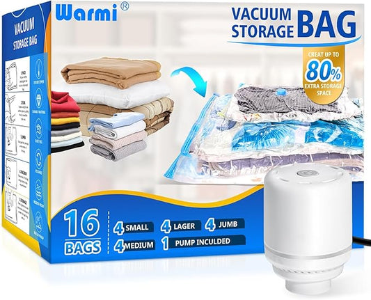 Warmi Vacuum Storage Bags with Electric Air Pump - Vacuum Seal Bags for Clothing Travel - Space Saver Bags for Blanket, Duvets, Pillows, Comforters, Luggage (Clear, 16 Combo)-NeatNest