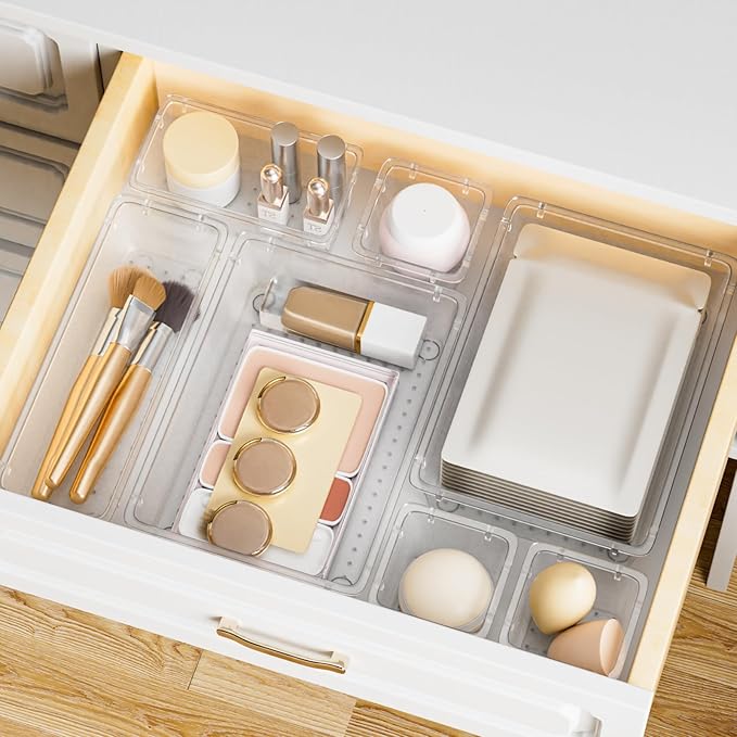 15 PCS Clear Plastic Drawer Organizer Set, 4-Size Acrylic Drawer Storage Trays, Storage Bins for Makeup, Gadgets, and Jewelry in Bathroom, Bedroom and Office, Clear-NeatNest
