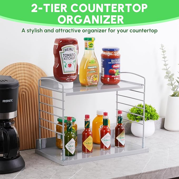 Adjustable Bathroom Countertop Organizer，2 Tier Vanity Shelf Organizer and Storage for Cosmetic Skincare Perfume, Metal Kitchen Countertop Shelf for Coffee Station，Condiment，Cupcakes，Plants，Mugs-NeatNest