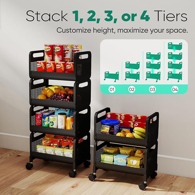 Sekey 4 Tier Rolling Cart Metal, Easy Install Kitchen Cart on Wheels with Storage, Heavy Duty, Lockable Wheels for Kitchen, Bathroom, Laundry Room, Black