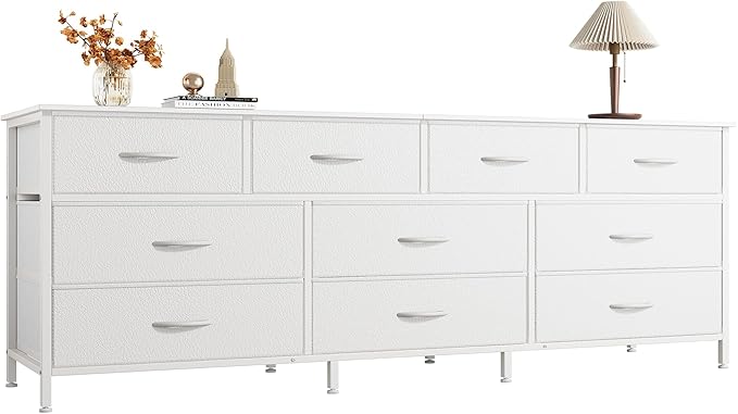 Huuger 63 Inch Dresser for Bedroom, Long Dresser with 10 Fabric Drawers, TV Stand for 55, 65, 70 Inch TV, Toy Storage Organizer for Closet, White-NeatNest