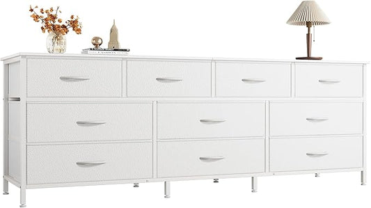 Huuger 63 Inch Dresser for Bedroom, Long Dresser with 10 Fabric Drawers, TV Stand for 55, 65, 70 Inch TV, Toy Storage Organizer for Closet, White-NeatNest