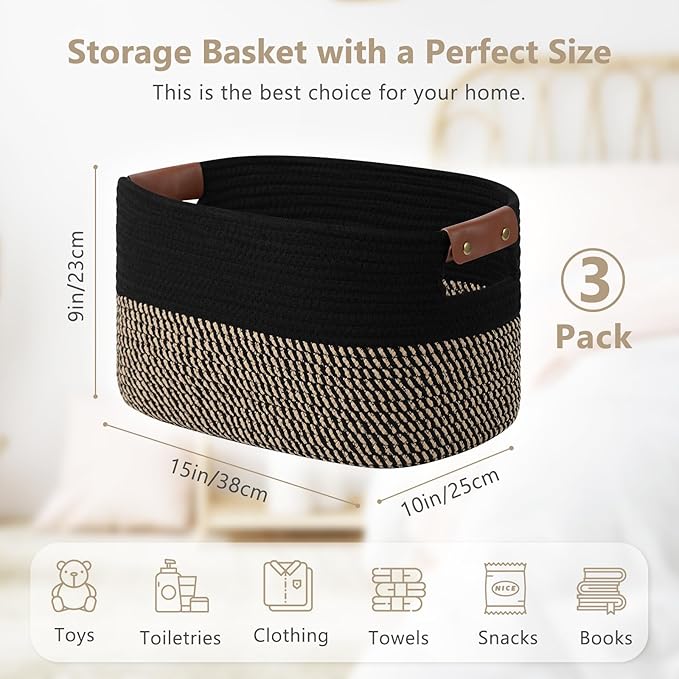 Cotton Rope Basket , Storage Baskets with Handle, 15x10x9 Inch Woven Basket for Shelves, Laundry, Towels, Clothes, Books, Toys (Black Brown 3 Pack)-NeatNest