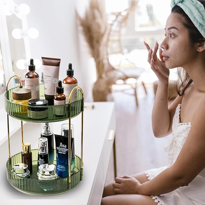 Rotating Makeup Organizer Countertop 2 Tier Lazy Susan Trays Clear Skincare Perfume Storage for Bathroom Counter Vanity, Green Gold-NeatNest