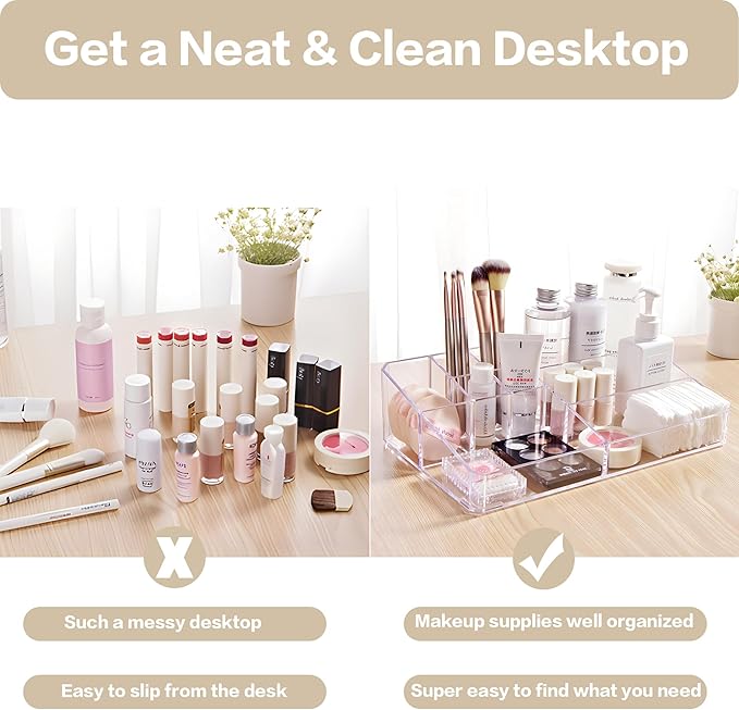 Clear Makeup Organizer, Makeup Brushes Storage Case, Cosmetic Display Case Tray, Tiered Skincare Organizer, Acrylic Lipstick Holder Countertop Desk Brush Organizer for Bedroom Vanity-NeatNest