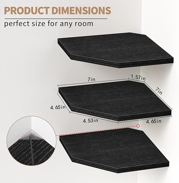 Corner Shelf Wall Mount, Floating Corner Shelves, Set of 3 Corner Wall Shelf Organizer, Rustic Wood Wall Storage Display Shelves for Living Room Bedroom Bathroom Kitchen, Classic Black-NeatNest