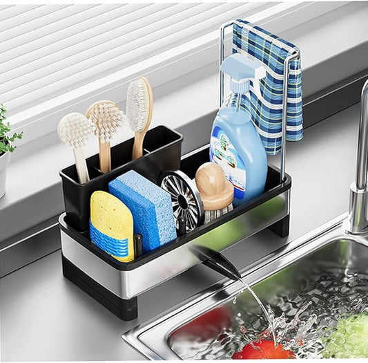 Dish Sponge Holder - Stainless Steel & PP Sink Caddy, 360° Rotatable Self-draining, Space-Saving Kitchen Sink Organizer with Removable Dish Cloth Rack (Black)-NeatNest